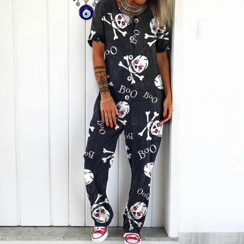 Women&#039;s Jumpsuits & Rompers 90s Vintage Skull Print Loose Jumpsuit Women Casual Short Sleeve Overalls Romper Elegant Summer Womens Clothing-image-693589153