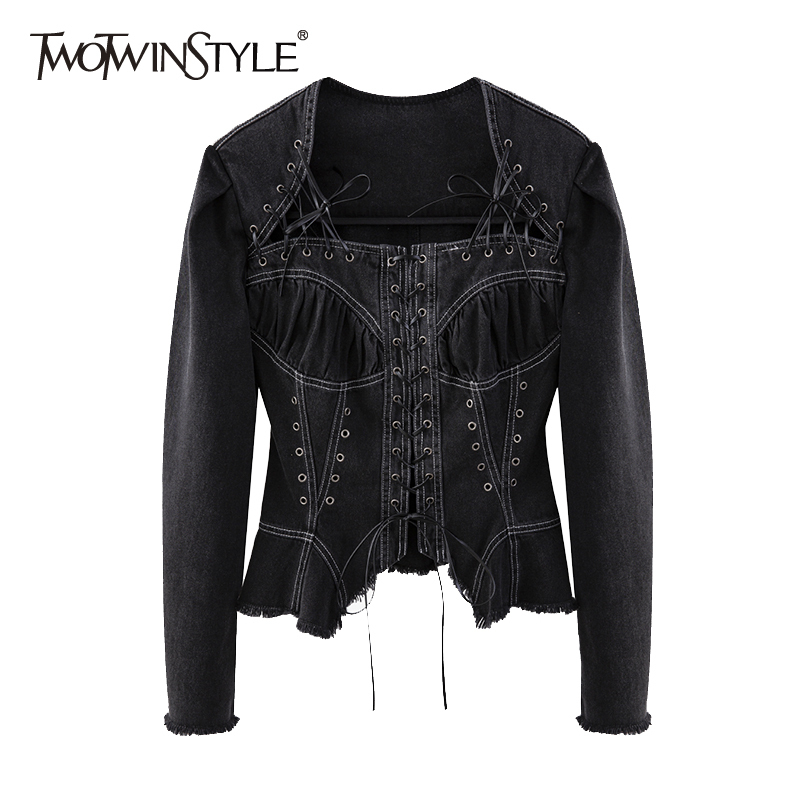 

Solid Casual Denim Coats For Women Square Collar Long Sleeve Lace Up Bowknot Jackets Female Spring Fashion Clothing 210524, Aspicture