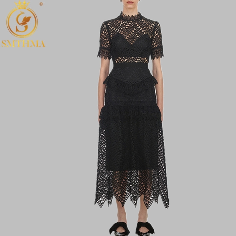 

Arrive Women's Black Lace Short Sleeve Summer Dress Sexy Hollow Long Vestidos Self Portrait 210520, Photo color