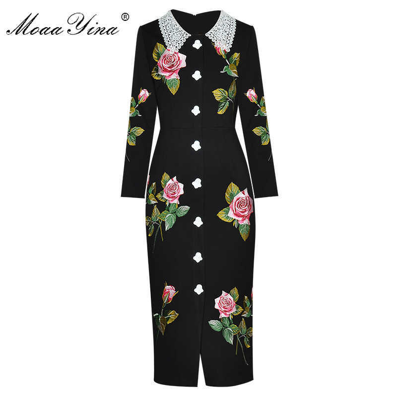 

Fashion dress Spring Women Dress Angel Buttons Rose Embroidery drilling Black Slim Elegant Gorgeous Dresses 210524