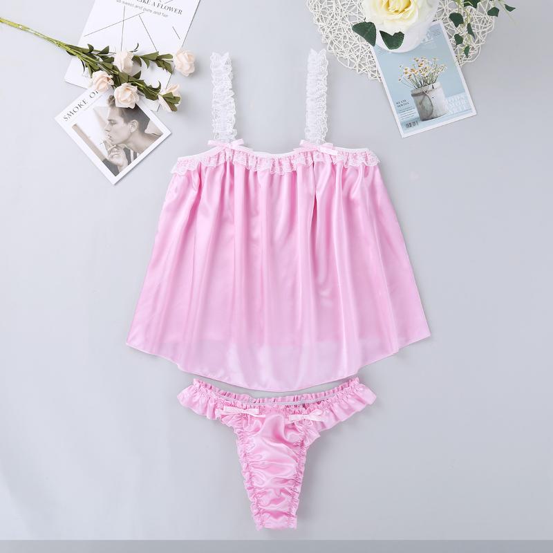 

Bras Sets Men Soft Shiny Satin Crossdressing Sissy Dress Lingerie Set Sleeveless Tops With Briefs Sexy Male Gay Underwear Nightwear, Pink