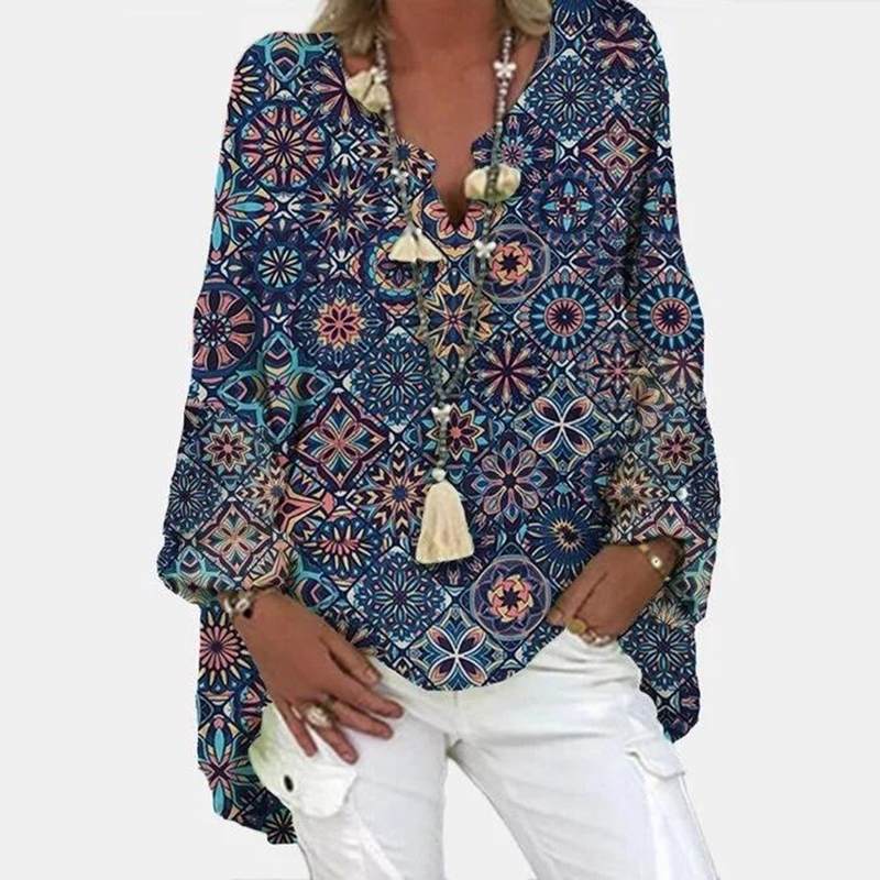 2021 Spring Autumn Casual Bloues Full Print Plus Size Loose Clothing Top Women Shirt 210317