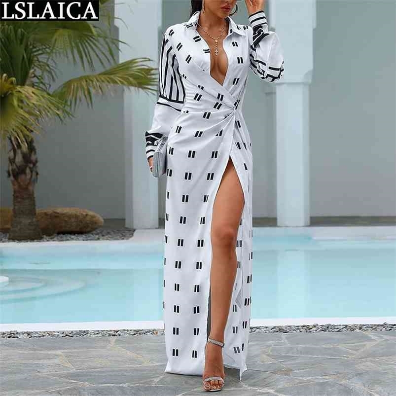 

Womens Dresses Turn-down Collar White Geometry Print Streetwear Bandage Long Sleeve Hollow Out Sexy Hem Split Dress 210701, Black