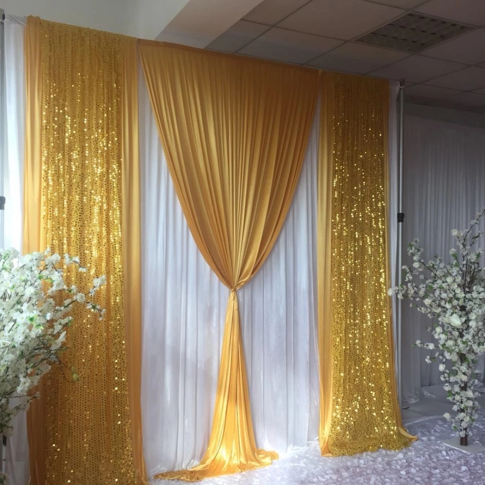 

wedding decoration 3m H x3mW white curtain with gold ice silk sequin swag drape backdrop party and event decor