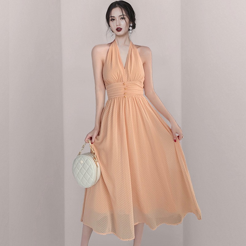 

Summer Fashion Sexy Halter Polka Dot Chiffon Midi Dress Vintage Elegant Holiday Beach Vestidos 210518, Photo color