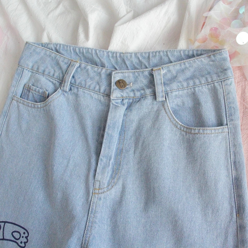 

2021harajuku fashion cotton women denim jeans high waist curled denim straight pants sweet cute puppy embroidery girl denim trousers, Blue