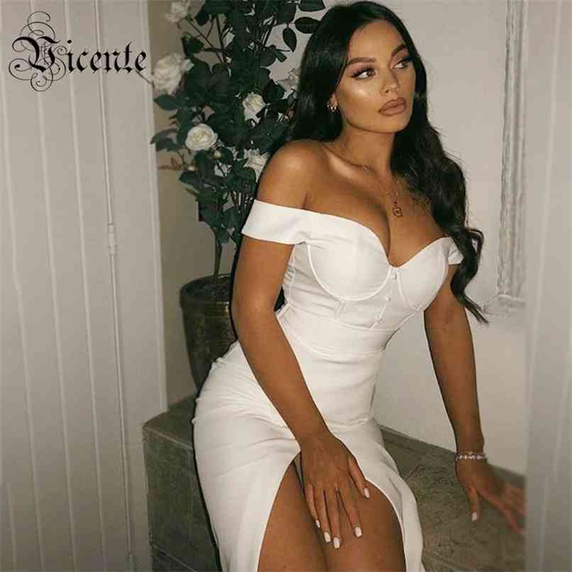 

Chic White Dress Sexy Off Shoulder Sashes Button Design Celebrity Party Club Bandage 210520