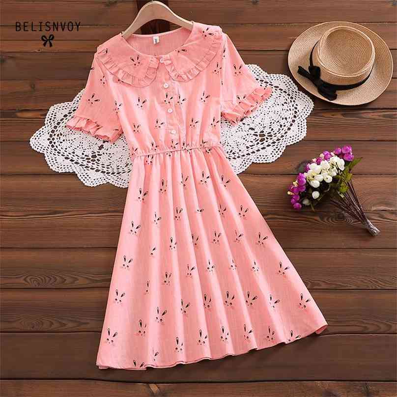 

Preppy Style Summer Women Cute Anime Dress Peter Pan Collar Pink Yellow Cat Short Sleeve A-Line Kawaii Girl's 210520