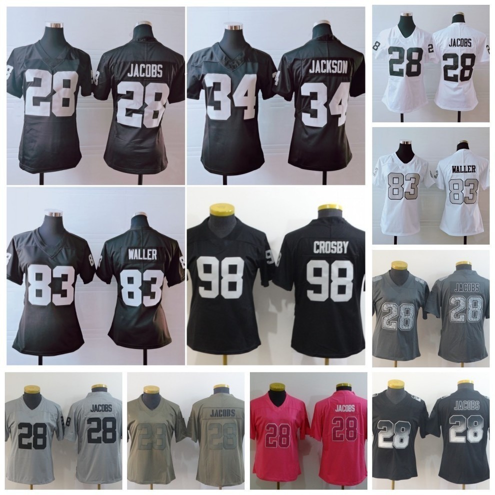 

Womens Ladies 28 Josh Jacobs 34 Bo Jackson 83 Darren Waller 98 Maxx Crosby Black Pink Camo Football Jersey, Black;red