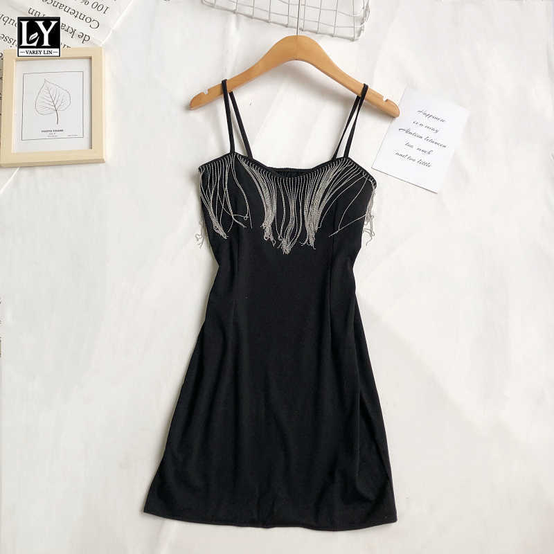 

LY VAREY LIN Summer Women Casual slim Tassel Chain Sleeveless High Waist Dress Sexy V-neck Solid Color Short Slip Dresses 210526, Black