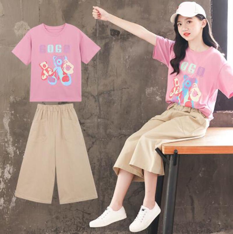 

Clothing Sets Big Girls Summer Cartoon Print Short Sleeve T-Shirt+Wide Leg Pant 2pcs Children Kids Students Cute Casual Suits, White