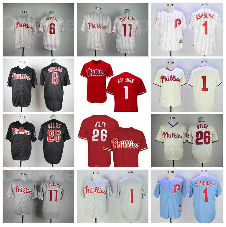 

Retro Baseball 26 Chase Utley Jersey Retire 6 Ryan Howard 11 Jimmy Rollins 1 Richie Ashburn White Red 1921 1948 1950 1983 Vintage, Black