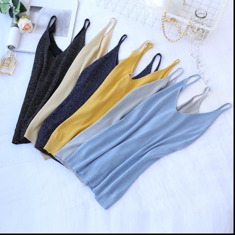 

Knitted V Women Tank neck Tops Sexy Lurex Vest Female Casual Sleeveless Camisole Fashion Ladies Sling Slim Summer, White