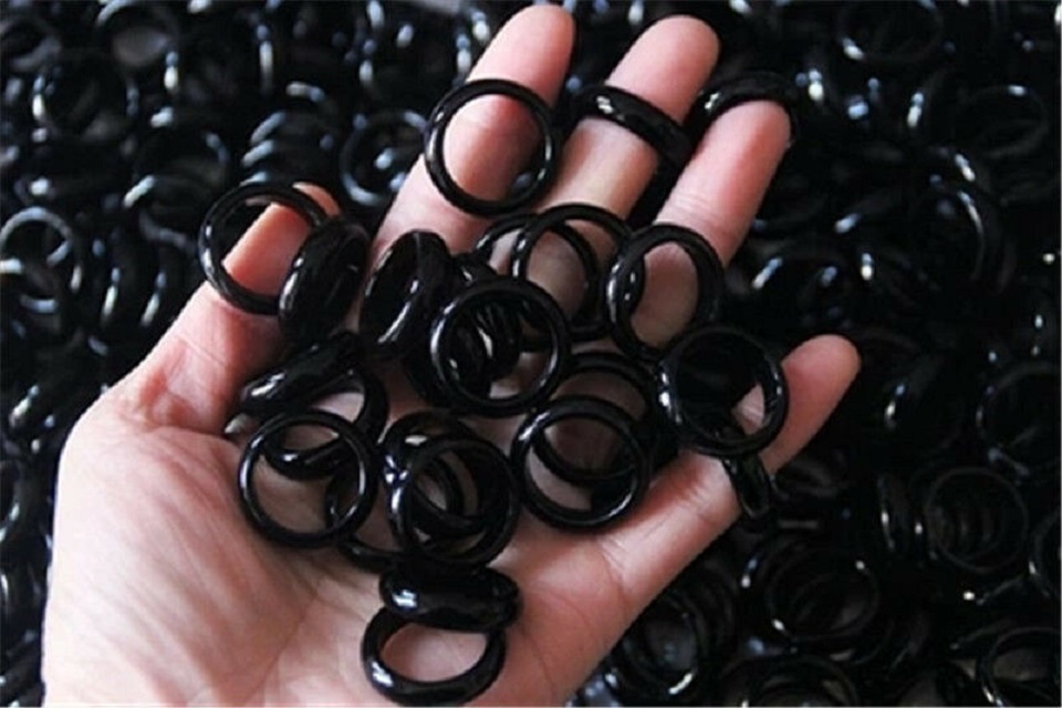 

20pcs 20Wholesale Natural stone Black Agate jade Ring size 7 7.5 8 9 10#, Golden;silver