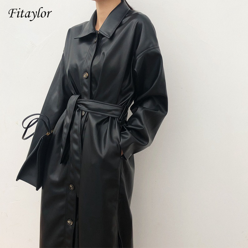 

Fitaylor PU Leather Long Jacket 2021 New Spring Women Loose Belt Faux Leather Windbreaker Trench Coat Slim Spring Jacket, Black