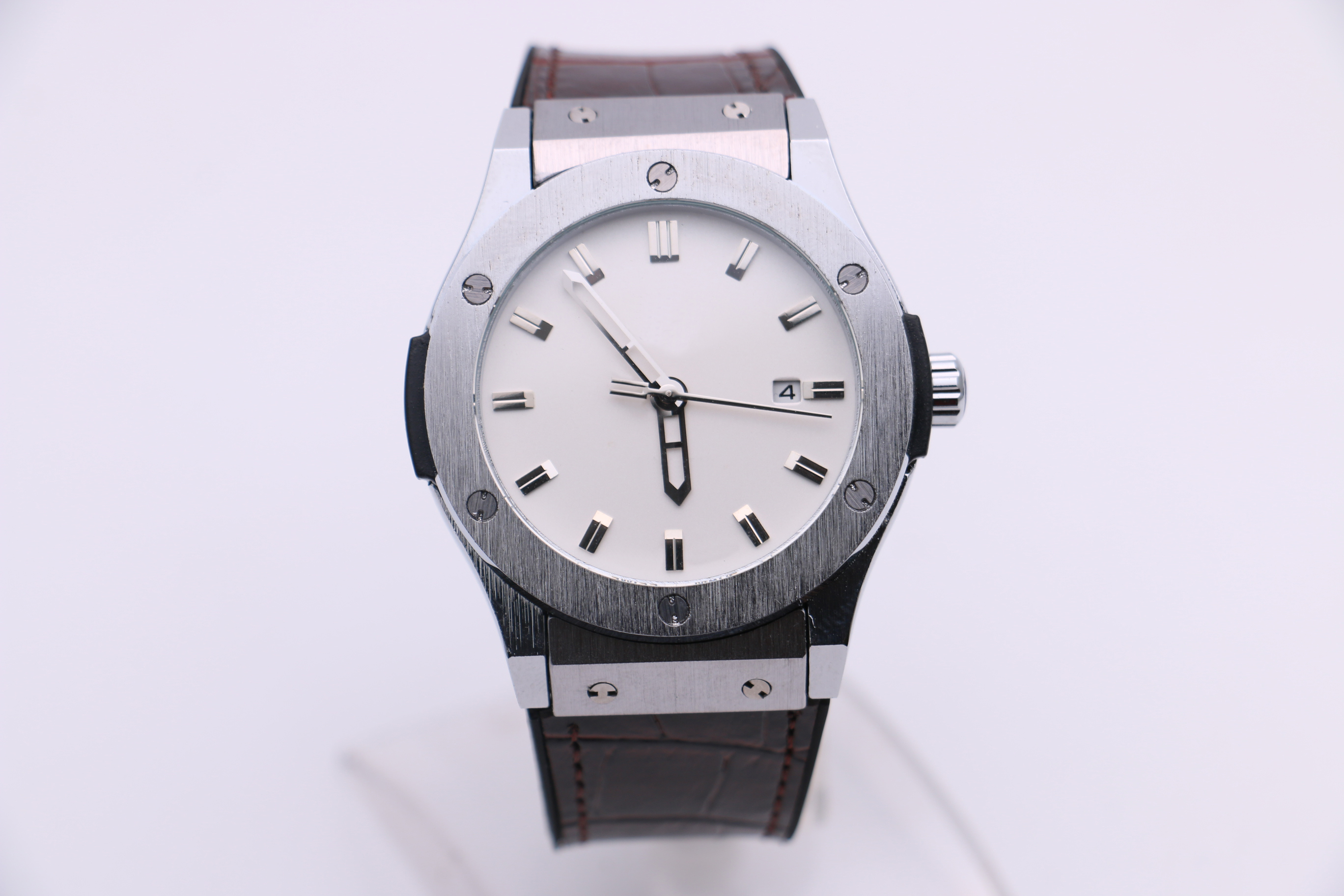 

Men's NX Mechanical Watch Sports Fashion Modern Silver Stainless Steel Case White Dial Leather Strap Calendar, Slivery;brown