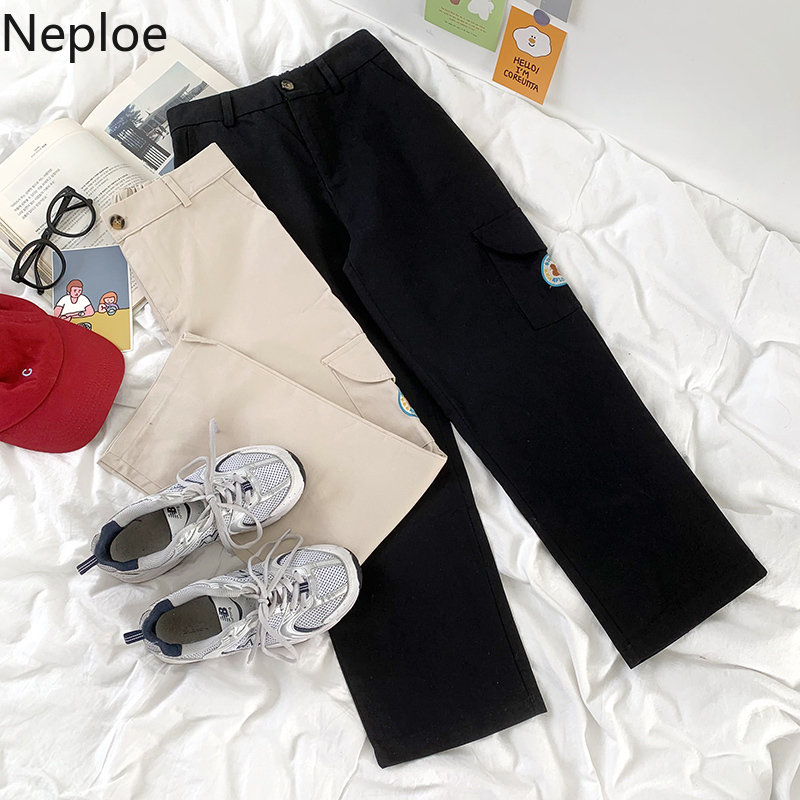 Neploe Straight Pant Women Fashion Embroidery Bear Pocket Overalls Pantalon Vintage High Waist Slim Thin Loose Casual Sweatpants 210422