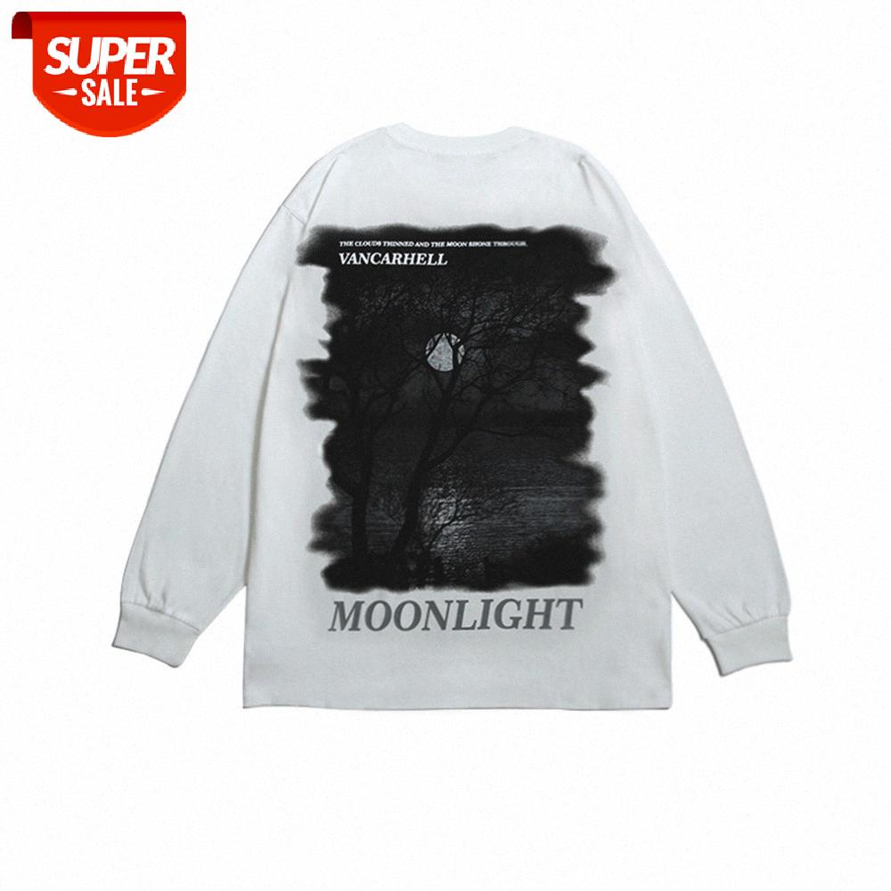 

dark night print long-sleeved t-shirt men's loose round neck with a pullover bottoming shirt #rq7S, White;black