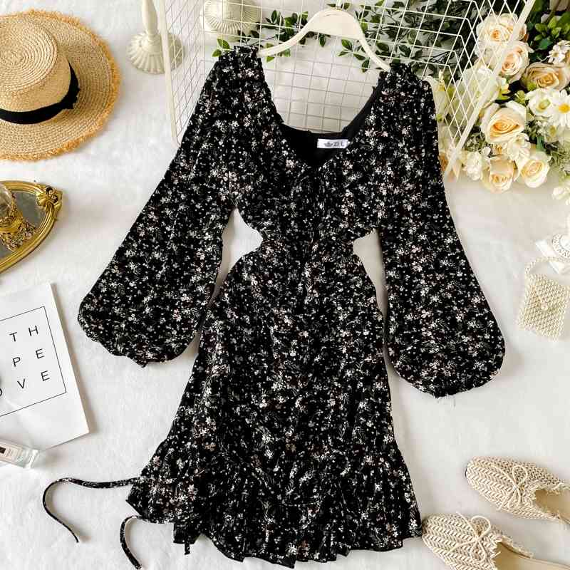 

Retro Women Dress Summer Lantern Sleeve Chiffon Floral Ladies Slim Ruffle Bodycon Print Robe Vertidos Mujer 210602