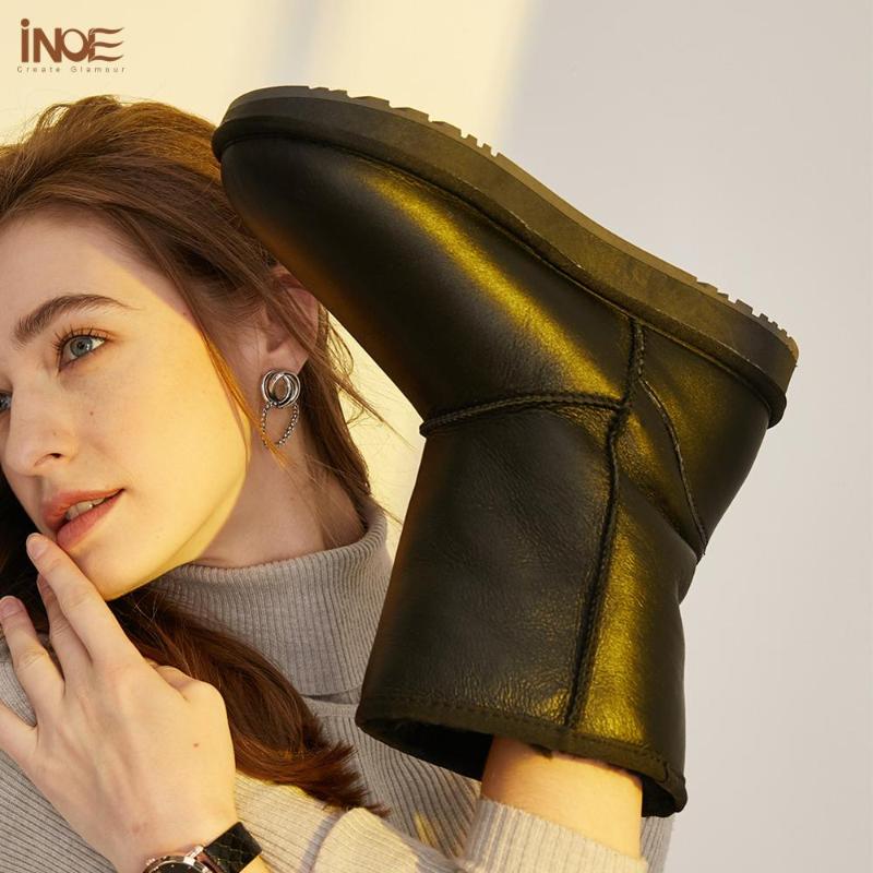 

Boots INOE Real Sheepskin Leather Wool Fur Lined Women Mid-calf Winter Snow Woman Shoes Waterproof Black