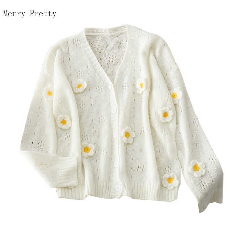 

Floral Appliques Hollow Out Knitted Casual Women Cardigan Single Breasted Sweaters Long Sleeve V-neck Korean Girly Top 210526, White