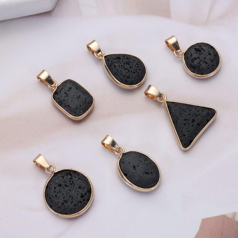 

Charms Trendy Necklace Making Jewelry Statement Oval Pattern Black Lava Stone Pendant Volcanic Rock DIY Pendants For, Bronze;silver