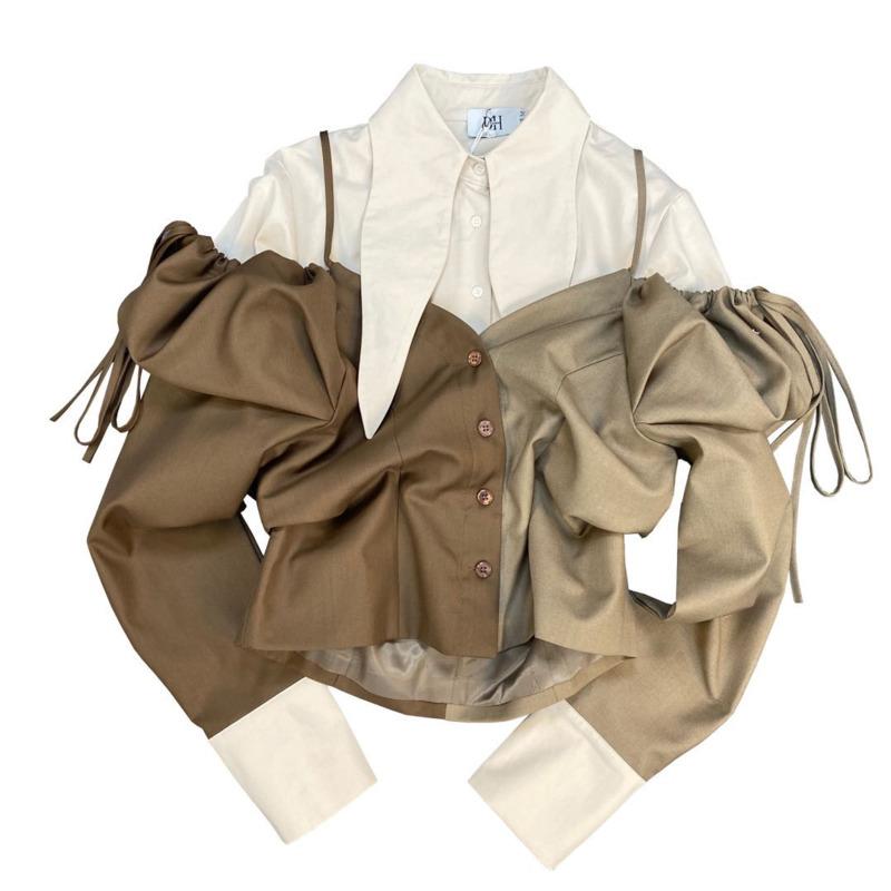 

Women' Blouses & Shirts [EWQ] Lapel Long Sleeve Splicing Drawstring Bubble Clothing Three-dimensional Design Fake Two Irregular Blose 2021, As shown