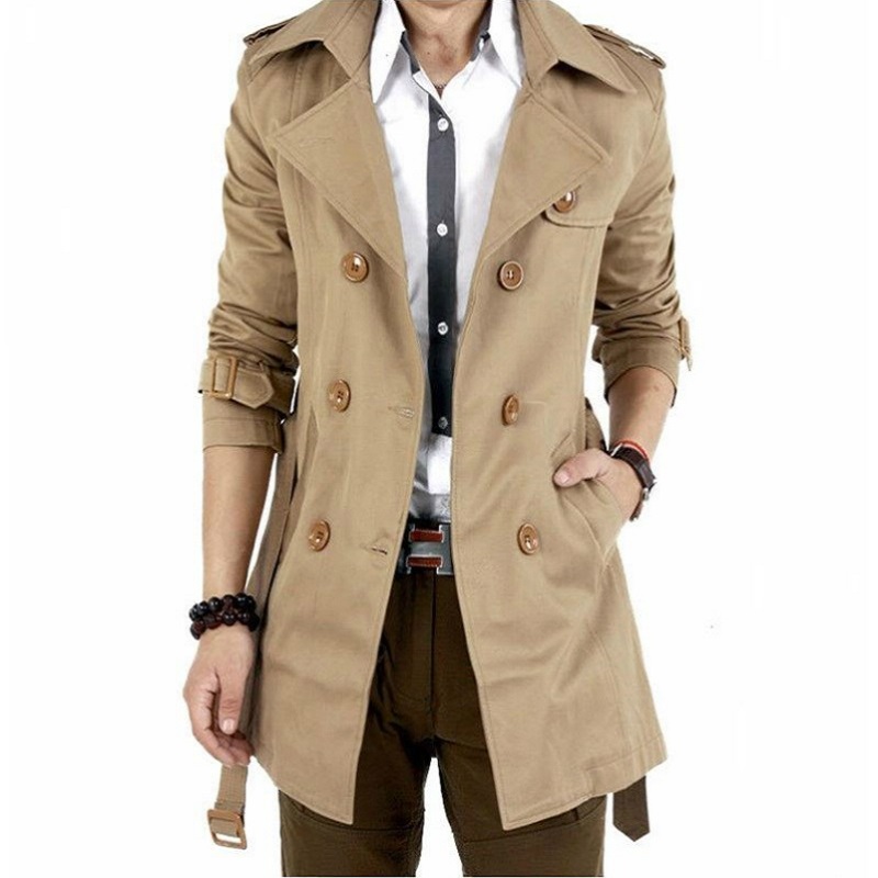 

Mens Windbreaker Jacket Vintage Black Khaki Autumn Winter Business Trench Male Double Breasted Retro Classic Long Coat Men