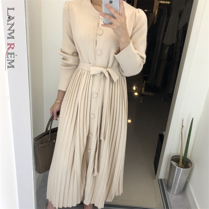 

Style Loose Single Breasted Dresses Long-sleeved Elegant Knitted Pleated Sweater Dress with Belt Women 2D1287 210526, Apricot