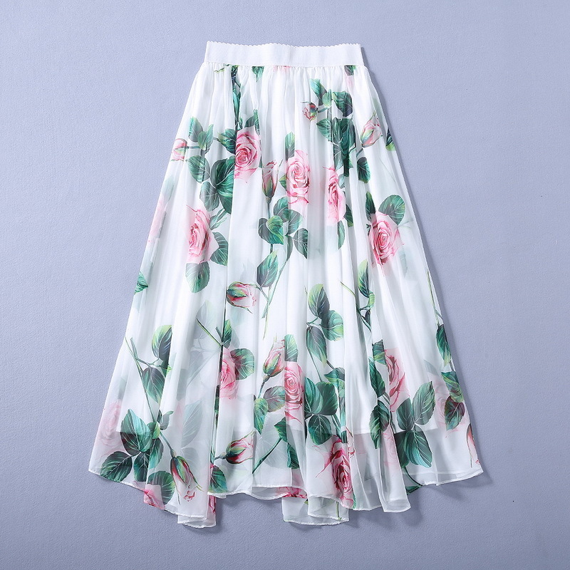 

Skirts New European and American women' dresses for spring Rose print fashion irregular pleated skirt RLM4, White