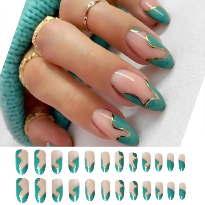 

False Nails 24Pcs Mint Green Gold Thread Wave Stitching Almond Detachable Coffin Fake Full Cover Nail Tips Press On, Red;gold