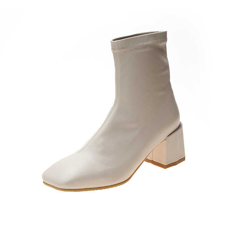 

Women's British Style Autumn and Winter Wild Stretch Beige Skinny Boots Medium Thick Heel Short Boots booties heels 210611, Creamy-white