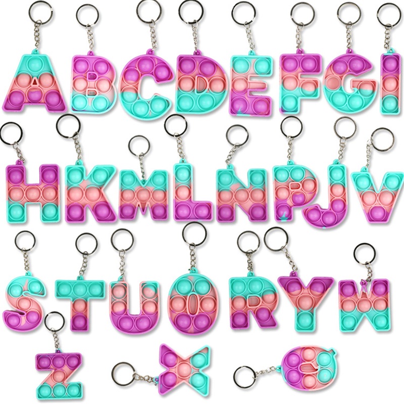

26 letters & numbers Sensory fidget pop bubble poppers key ring Alphabet shape push bubbles popper board keychain finger puzzle charm tie dy, Silver