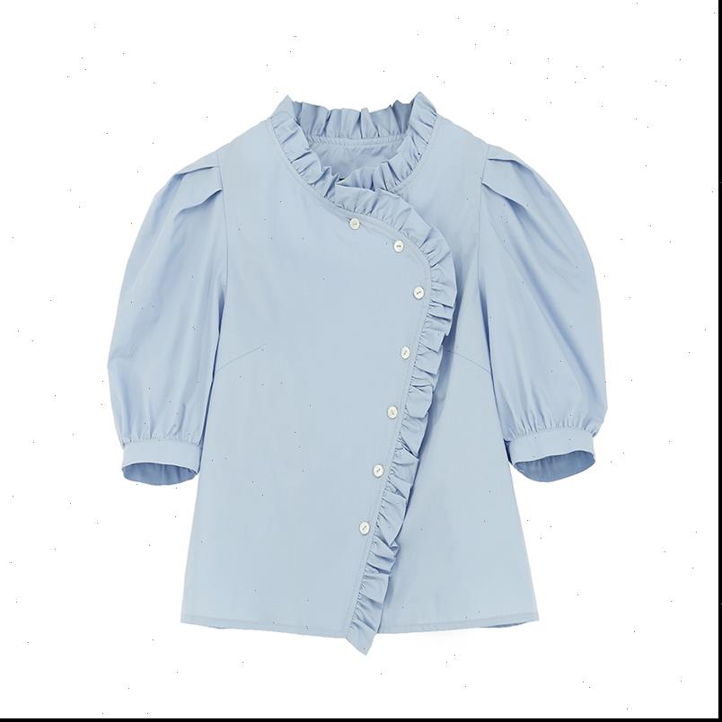 

perhaps womens shirt u white blue stand collar solid puff short sleeve button blouse summer casual loose women ruffle b0558
