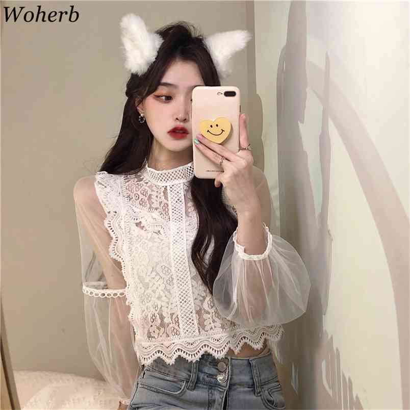 

Floral Lace Embroidery Crop Top Blouse Women Mesh Sleeve Hollow Shirt Summer Sexy Sweet Blusas Korean Chic Blouses 210519, Apricot