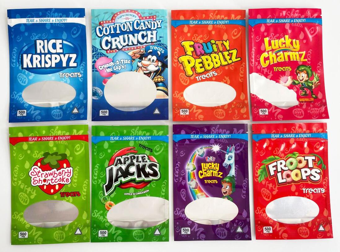 

empty edible bag strawberry shortcake fruity pebblez lucky charmz treat packaging small zip lock top resealable stand up snack mylar bags