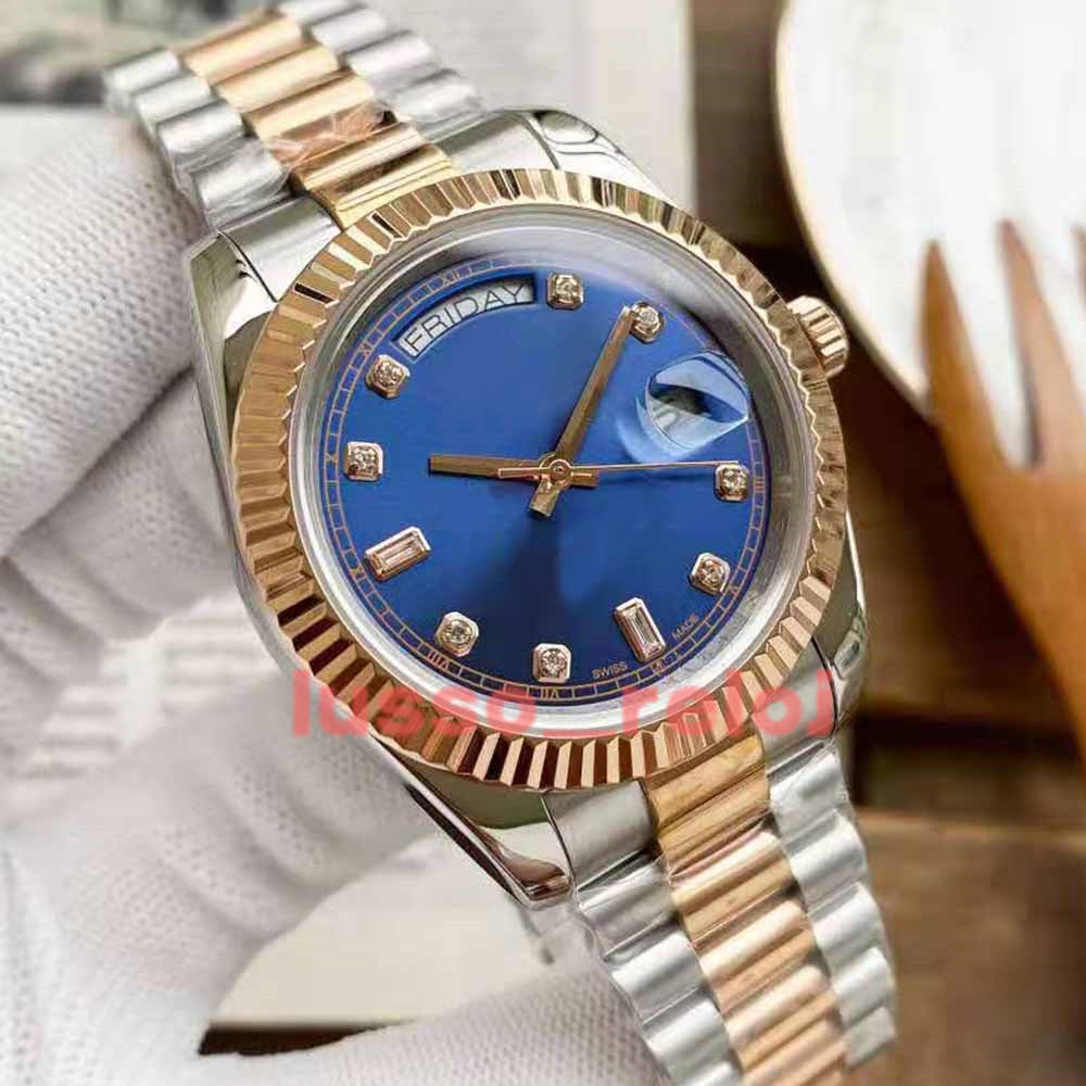 

Classic Men Mens Rosegold DAYDATE 2 Iced Out Blue Automatic Watches Mechanical Movement Diamond Watch Sapphire Two-tone Master montre de luxe Wristwatches, Box