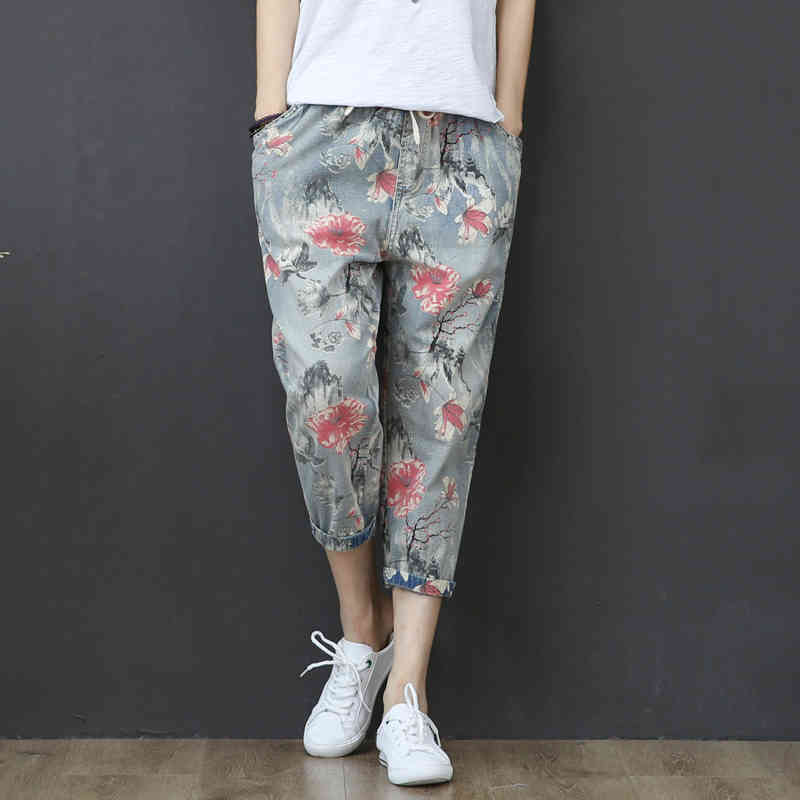 

Women's Jeans Capris Women Harem Pants High Waist Floral Print Denim Vintage Trousers Fit Lady Vaqueros Mujer 0PPL, Light blue