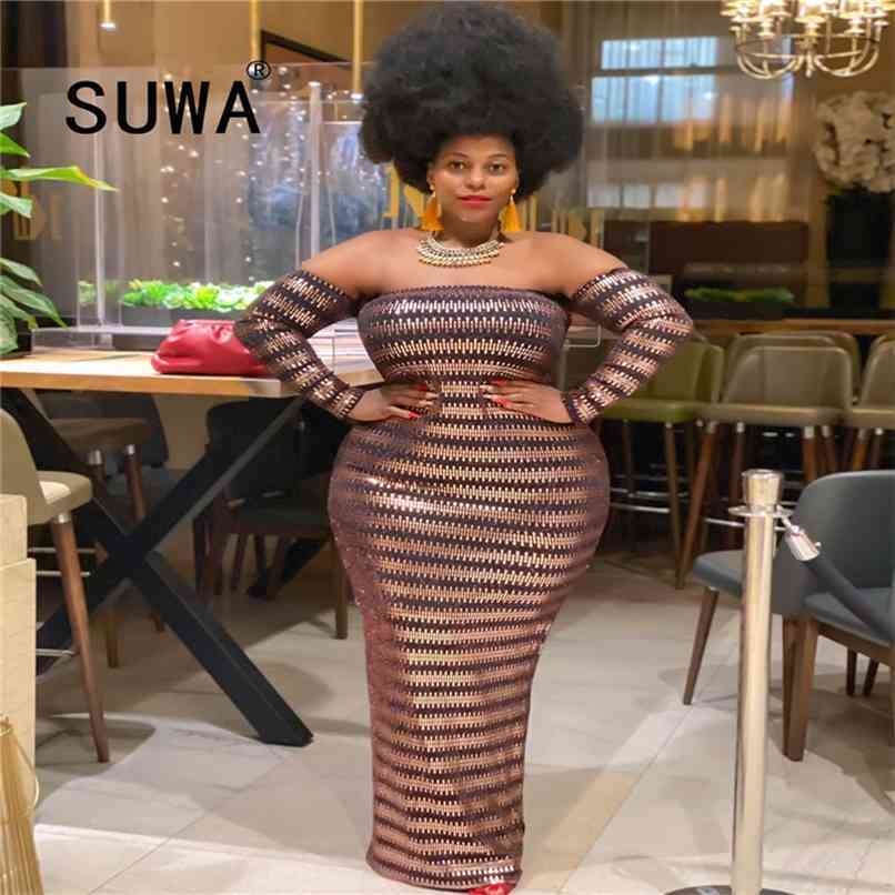 

Contrast Color Striped Bodycon Long Maxi Dresses For Women Wholesale Plus Size Clothing Slash Collar Sleeve Elegant Vestido 210525, Multi