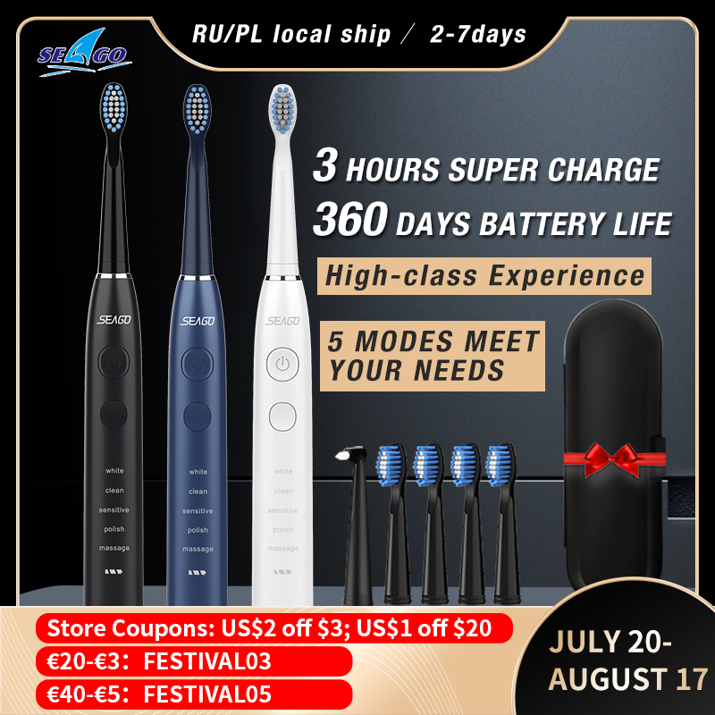 

SEAGO Sonic Electric Toothbrush Upgraded Adult Waterproof USB Rechargeable 360 Days Long Standby Time With5 Brush Head Best Gift