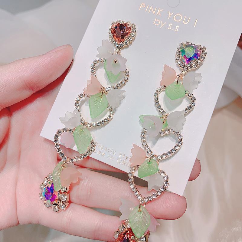 

Dangle & Chandelier Korean Fashion Acrylic Flower Rhinestone Heart Long Drop Earrings For Women Girls Holiday Pendientes Jewelry