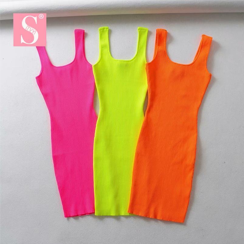 

summer pink neon green women camis dress ribbed fluorescence knit bodycon beach casual mini short sundress, White