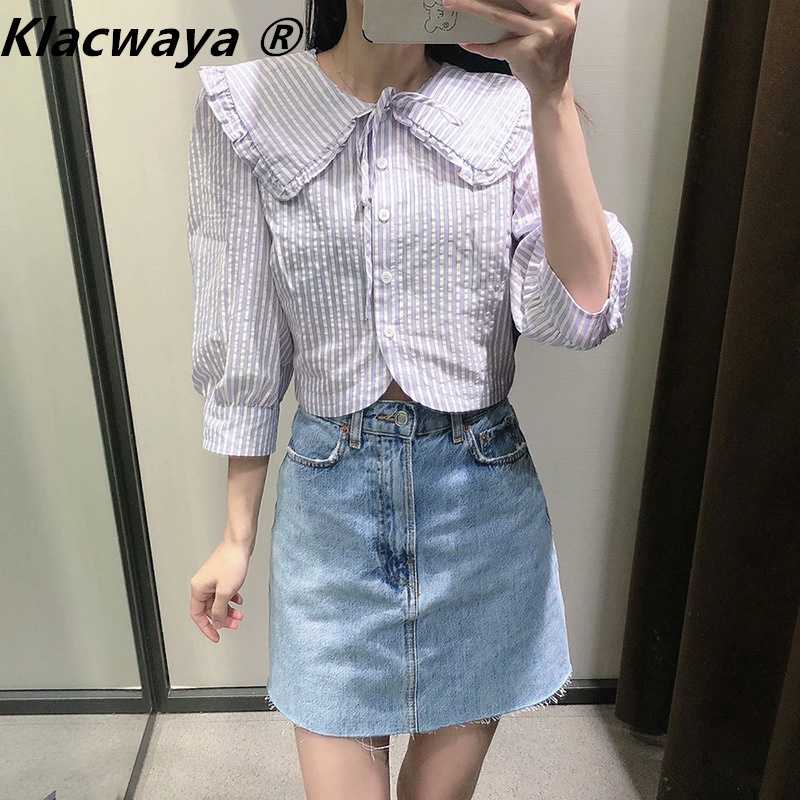 

Za Woman Shirts Blue Striped Crop Top Female Button Up Summer Shirt Peter Pan Collar Puff Sleeve Ladies Blouse 210521