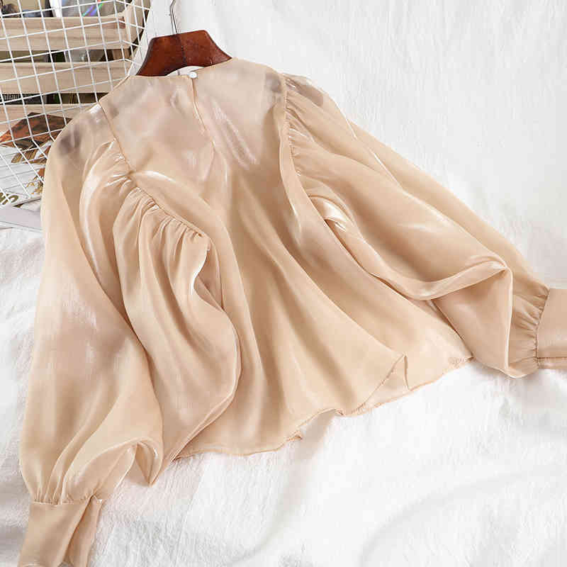 

Spring Arrivals Solid Color Organza Long Lantern Sleeve Top Bottomed Sling Vest Fashion Women Loose Shirt MZ929 210525, Apricot