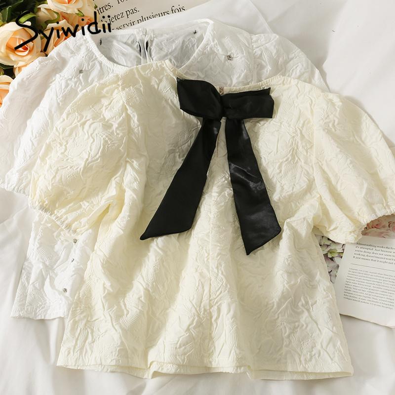 

Women's Blouses & Shirts Syiwidii Diamonds Blouse Women Summer 2021 Casual White Puff Short Sleeve Tops Korean Fashion Clothing O-Neck Bow