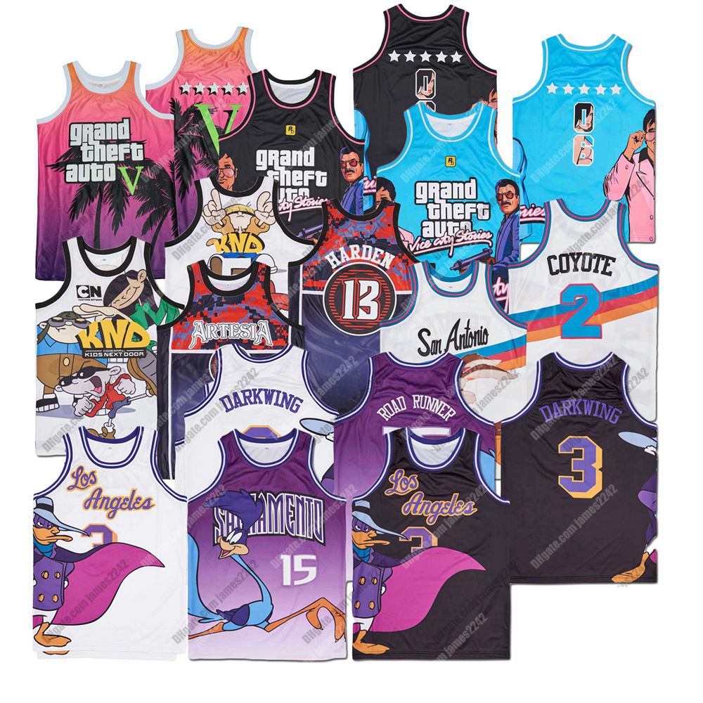 

Men Movie Game Grand Theft Auto V Basketball Jersey Road Runner Los Angeles Darkwing Duck James Harden Coyote Sewn Jerseys Top Quality, As shown