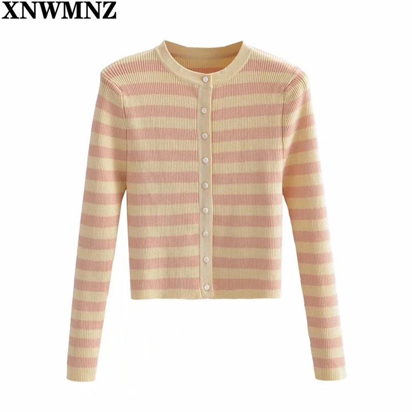 

Women Fashion Striped Cropped Knitted Cardigan Sweater slim Vintage O Neck Long Sleeve Female Outerwear Chic Tops 210520, Pink