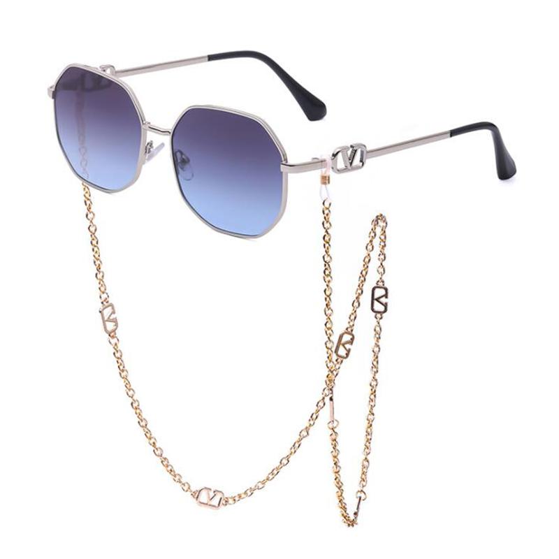

Sunglasses Retro Alloy Polygon Round Women Luxury 2021 Men Brand Designer Small Punk Sun Glasses Shades With V Chain Lanyard