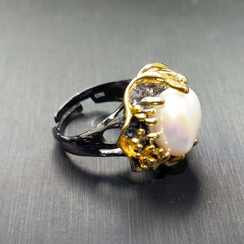 

Cluster Rings FLZB, Hyperbole Ring Uniqute Design Supper Natural Irregular Pearl In 925 Sterling Silver With 18k Gold Plated Fashion, Golden;silver
