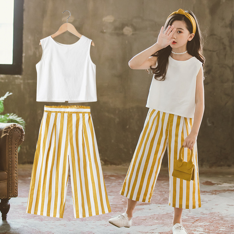 

Children's suit Korean Summer Girls Clothing Teenage White Set Sleeveless Tops and Wide Leg Pants Blue Stripes Outfits for Kids 8 12 Years